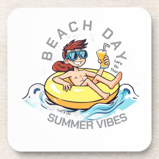 Stranddag Cartoon Karakter op Opblaasbare Ring Bier Onderzetter (Voorkant)