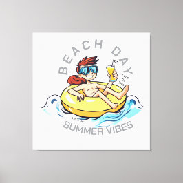 Stranddag Cartoon Karakter op Opblaasbare Ring Canvas Afdruk