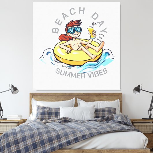 Stranddag Cartoon Karakter op Opblaasbare Ring Canvas Afdruk (Insitu (Slaapkamer))