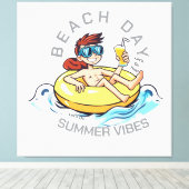 Stranddag Cartoon Karakter op Opblaasbare Ring Canvas Afdruk (Insitu (Houten vloer))