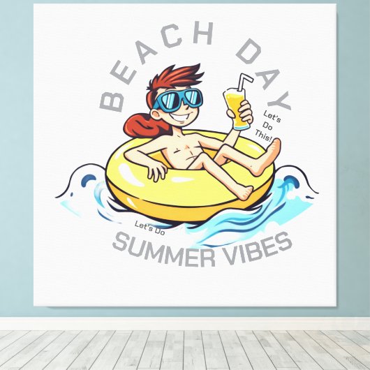 Stranddag Cartoon Karakter op Opblaasbare Ring Canvas Afdruk (Insitu (Houten vloer))