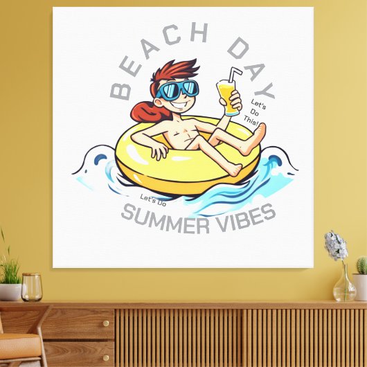 Stranddag Cartoon Karakter op Opblaasbare Ring Canvas Afdruk (Insitu (Woonkamer))