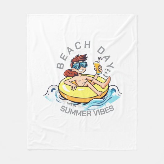 Stranddag Cartoon Karakter op Opblaasbare Ring Fleece Deken (Voorkant)