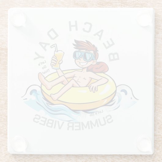 Stranddag Cartoon Karakter op Opblaasbare Ring Glazen Onderzetter (Achterkant)