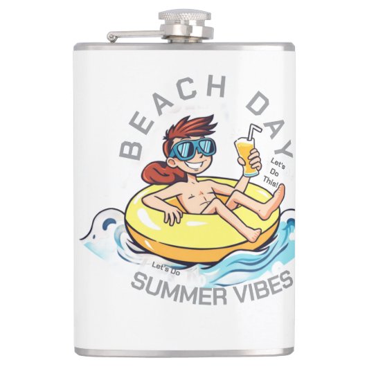 Stranddag Cartoon Karakter op Opblaasbare Ring Heupfles (Voorkant)