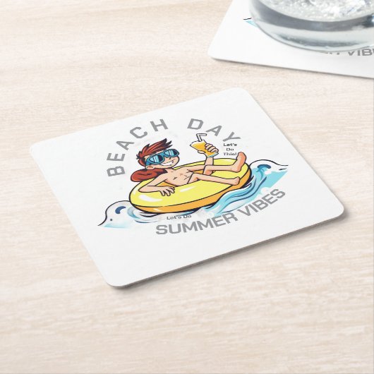 Stranddag Cartoon Karakter op Opblaasbare Ring Kartonnen Onderzetters (Schuin)