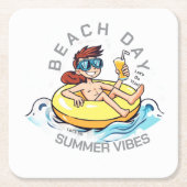 Stranddag Cartoon Karakter op Opblaasbare Ring Kartonnen Onderzetters (Voorkant)