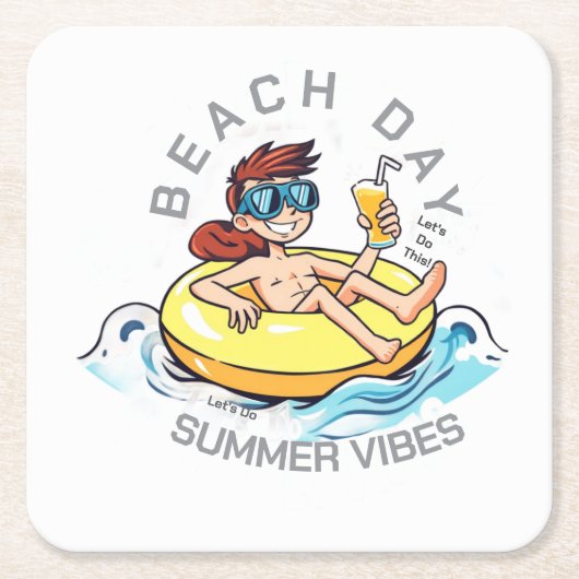 Stranddag Cartoon Karakter op Opblaasbare Ring Kartonnen Onderzetters (Voorkant)