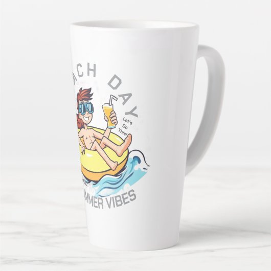 Stranddag Cartoon Karakter op Opblaasbare Ring Latte Mok (Rechterhoek)