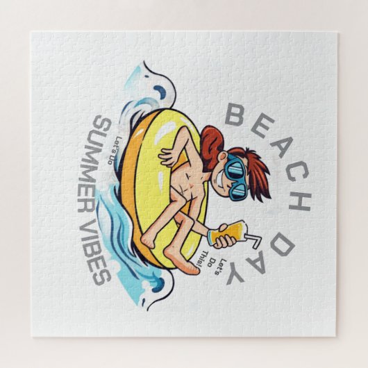 Stranddag Cartoon Karakter op Opblaasbare Ring Legpuzzel (Horizontaal)