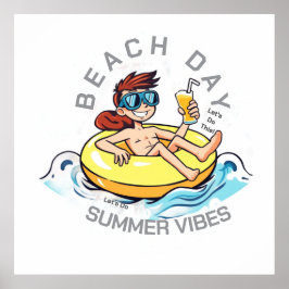 Stranddag Cartoon Karakter op Opblaasbare Ring Poster