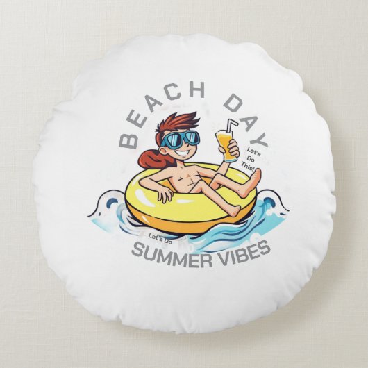 Stranddag Cartoon Karakter op Opblaasbare Ring Rond Kussen (Voorkant)