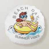 Stranddag Cartoon Karakter op Opblaasbare Ring Rond Kussen (Voorkant)