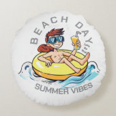 Stranddag Cartoon Karakter op Opblaasbare Ring Rond Kussen (Achterkant)