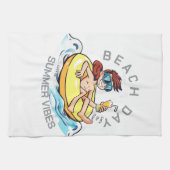 Stranddag Cartoon Karakter op Opblaasbare Ring Theedoek (Horizontaal)