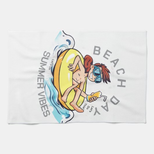 Stranddag Cartoon Karakter op Opblaasbare Ring Theedoek (Horizontaal)