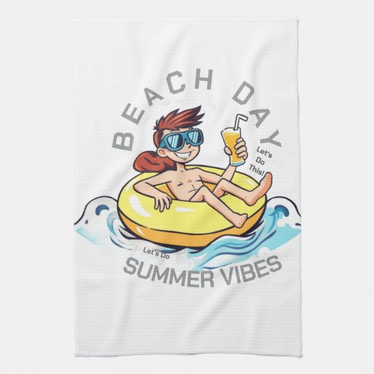 Stranddag Cartoon Karakter op Opblaasbare Ring Theedoek (Verticaal)