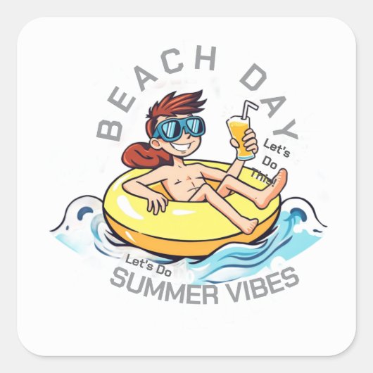 Stranddag Cartoon Karakter op Opblaasbare Ring Vierkante Sticker (Voorkant)