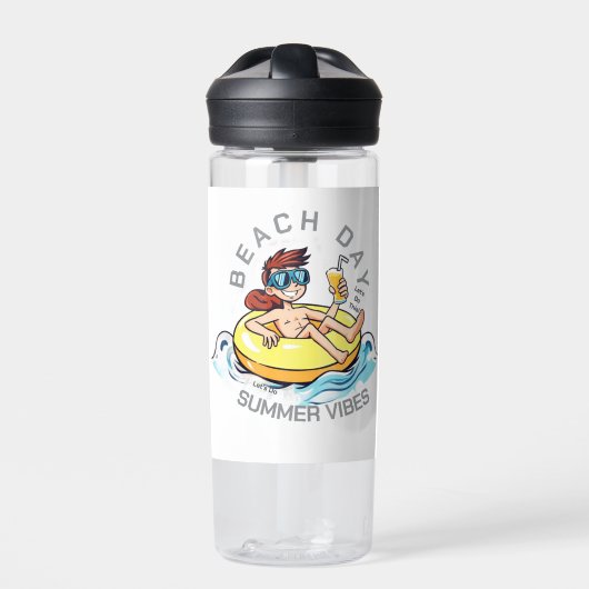 Stranddag Cartoon Karakter op Opblaasbare Ring Waterfles (Voorkant)