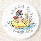 Stranddag Cartoon Karakter op Opblaasbare Ring Zandsteen Onderzetter (Voorkant)