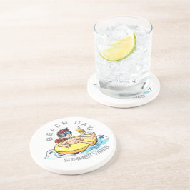 Stranddag Cartoon Karakter op Opblaasbare Ring Zandsteen Onderzetter