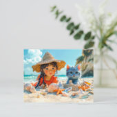 Stranddag met schelpen en een kat feestdagenkaart (Staand voorkant)