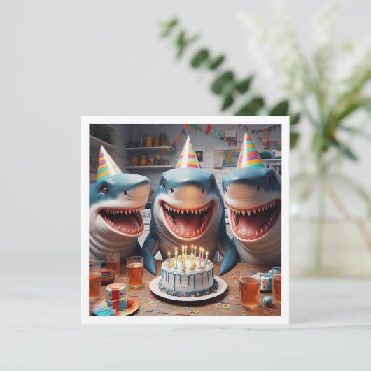 Stranddag, verjaardagsfeestje op het strand, haai  kaart (Staand voorkant)