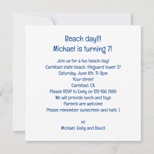 Stranddag, verjaardagsfeestje op het strand, haai kaart (Achterkant)