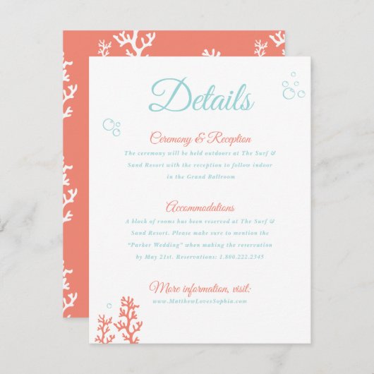 Stranddetails Enclosure Card | Coral en Aqua Informatiekaartje (Voorkant / Achterkant)
