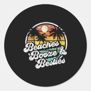 Stranden Booze en Besties Funny Retro 70s Beach Wo Ronde Sticker