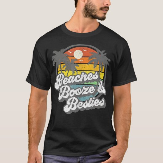 Stranden Booze en Besties Grappige Retro 70s Beach T-shirt (Voorkant)