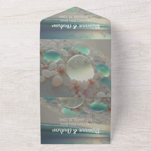 Stranden Bruiloft van Zee Glas Kust  All In One Uitnodiging (Buitenkant)
