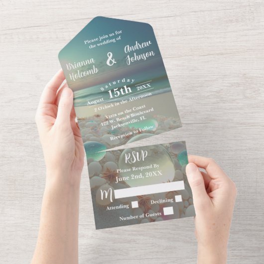 Stranden Bruiloft van Zee Glas Kust All In One Uitnodiging (Afscheurbaar)