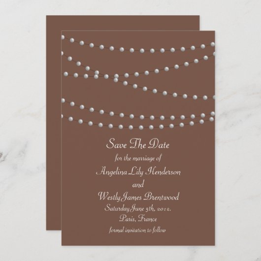 Stranden van parels op bruin sparen de datum save the date (Voorkant / Achterkant)