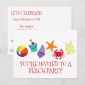 Strandfeest Krab Zeester Zon Schelp Uitnodiging Briefkaart (Voorkant / Achterkant)