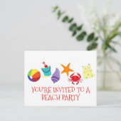 Strandfeest Krab Zeester Zon Schelp Uitnodiging Briefkaart (Staand voorkant)