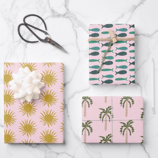 Strandfeest Palmbomen Vissen Zonnen Cute MAATWERK Inpakpapier Vel (Voorkant)