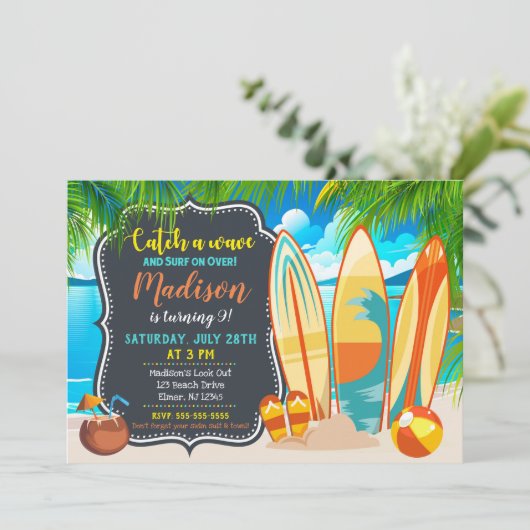 Strandfeest verjaardagsuitnodiging, zomerfeest kaart (Staand voorkant)