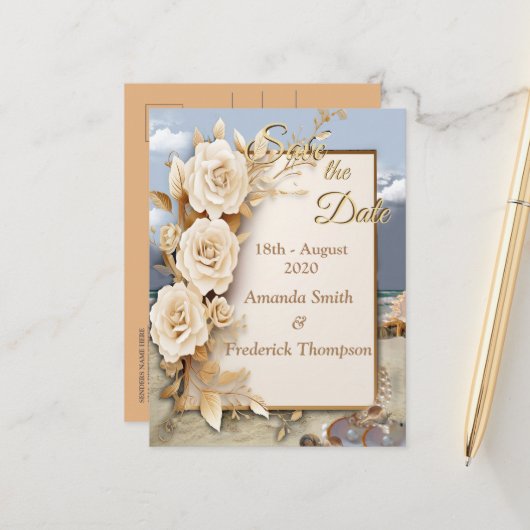 Strandfeesten met witte bloemen en parels aankondigingskaart (Voorkant / Achterkant in situ)