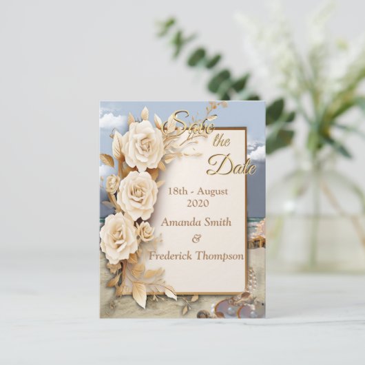 Strandfeesten met witte bloemen en parels aankondigingskaart (Staand voorkant)