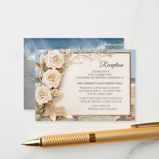 Strandfeesten met witte bloemen en parels informatiekaartje (Voorkant / Achterkant in situ)