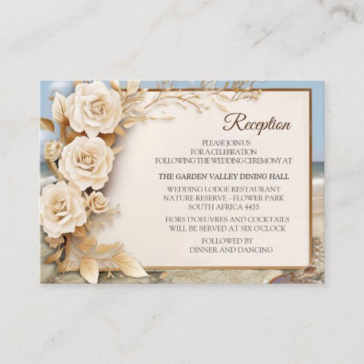 Strandfeesten met witte bloemen en parels informatiekaartje (Voorkant)