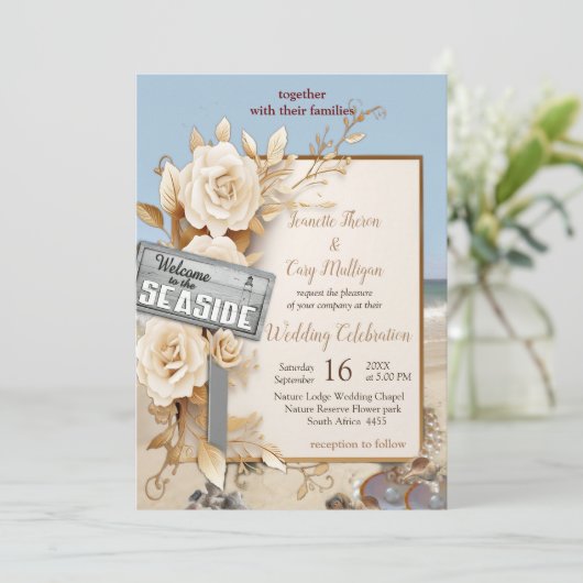 Strandfeesten met witte bloemen en parels kaart (Staand voorkant)