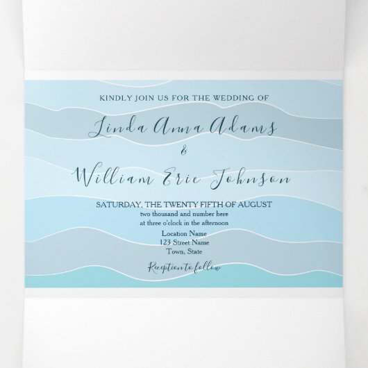 Strandfoto Blauwe bruiloft Drieluik Uitnodiging (Binnenkant midden)