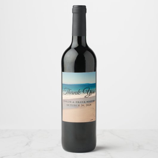 Strandfoto bruiloft Dank u Wijn Etiket (Voorkant)