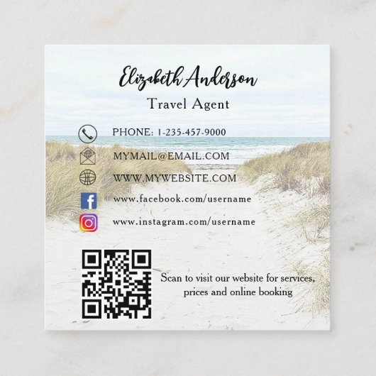 Strandfoto logo QR code social media Vierkante Visitekaartje (Achterkant)