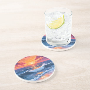Strandgolven bij zonsondergang Aquarel Zandsteen Onderzetter