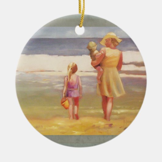 Strandgolven met kinderen en mama keramisch ornament (Voorkant)