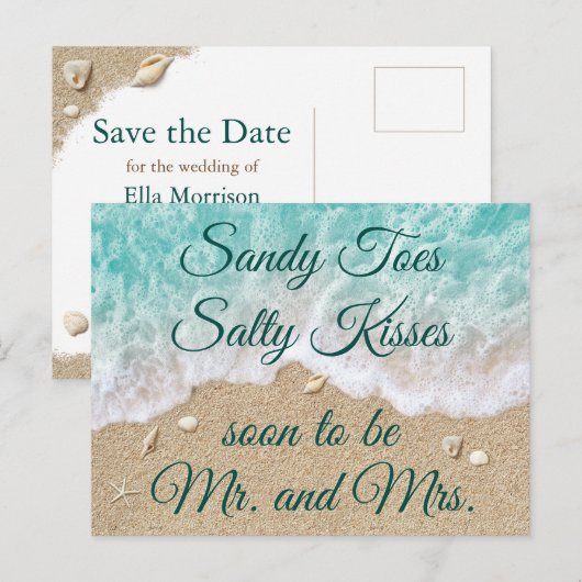 Strandgolven Sandy Toes Salty Kisses Save the Date Aankondigingskaart (Voorkant / Achterkant)