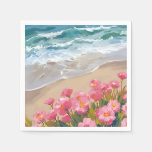 Strandgolven Waterverf Roze Bloem Schilderij Kust Servet